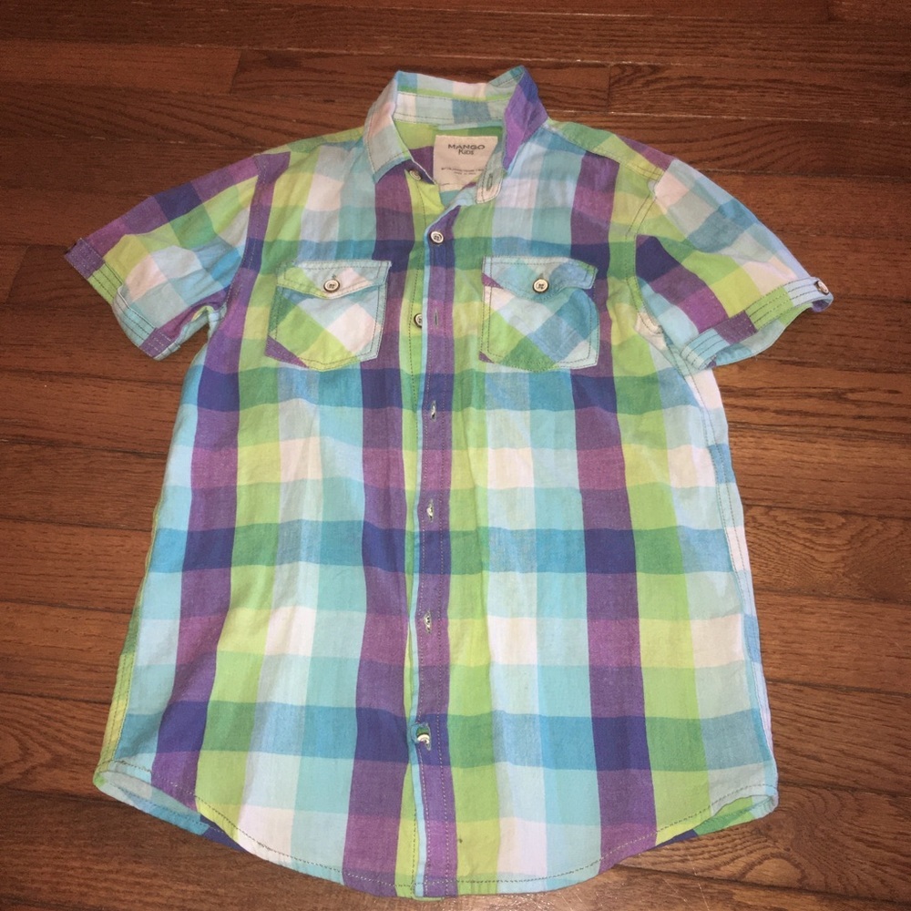 Mango Kids Green Plaid Short Sleeve Button Up
